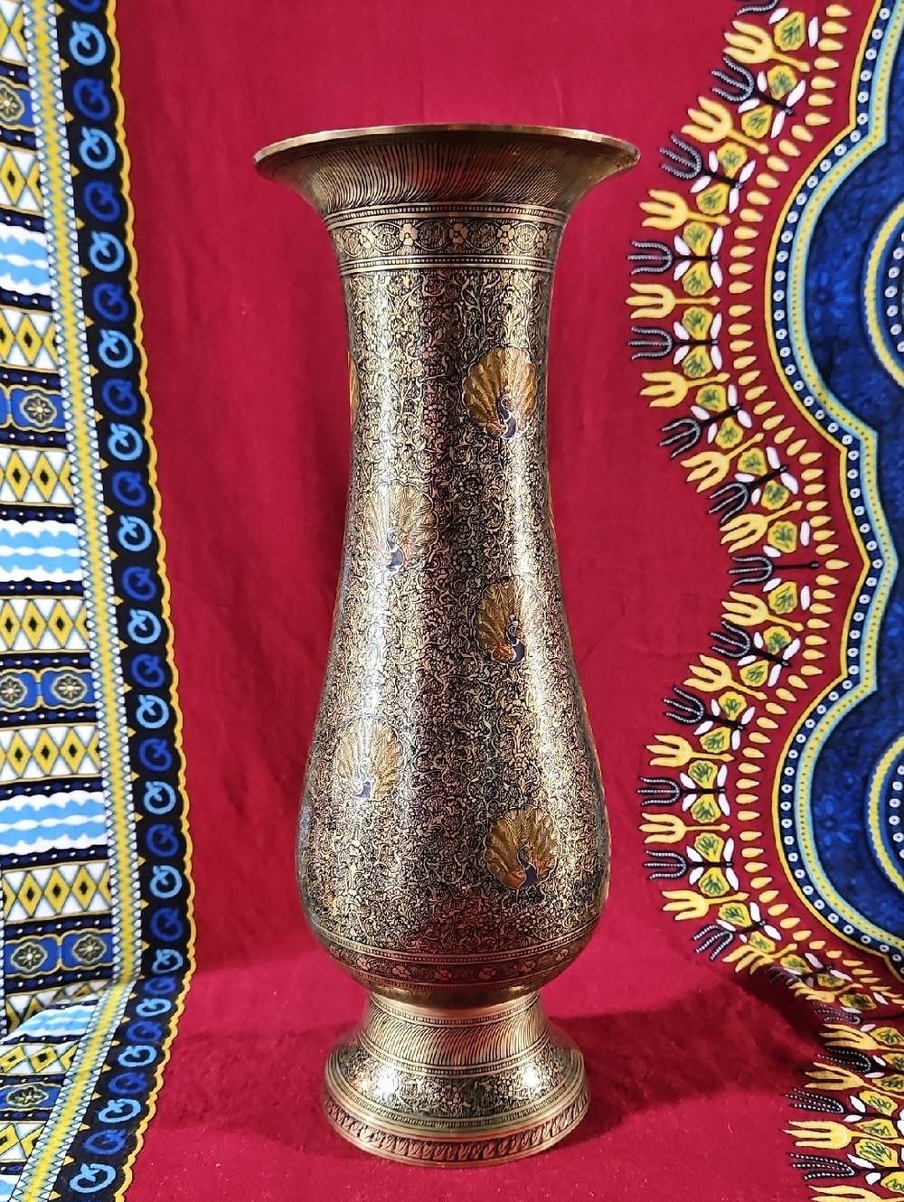 Vintage Brass Peacock Vase Made in India 12" Boho Decor